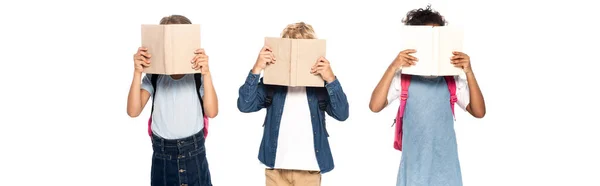 Горизонтальное изображение мультикультурных школьниц и школьников, покрывающих лица книгами, изолированными на белом — стоковое фото