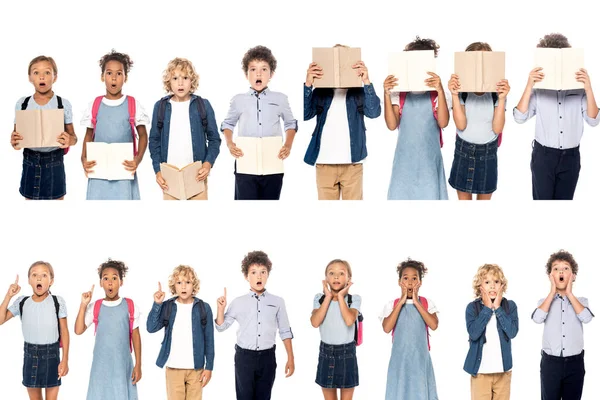 Collage di scolarette multiculturali e scolaretti che coprono i volti con libri, toccano i volti e mostrano un segno di idea isolato sul bianco — Foto stock
