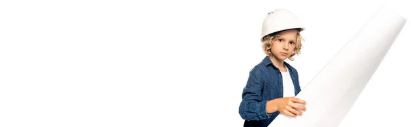 Panoramic concept of boy in safety helmet and costume of architect holding blueprint isolated on white — Stock Photo