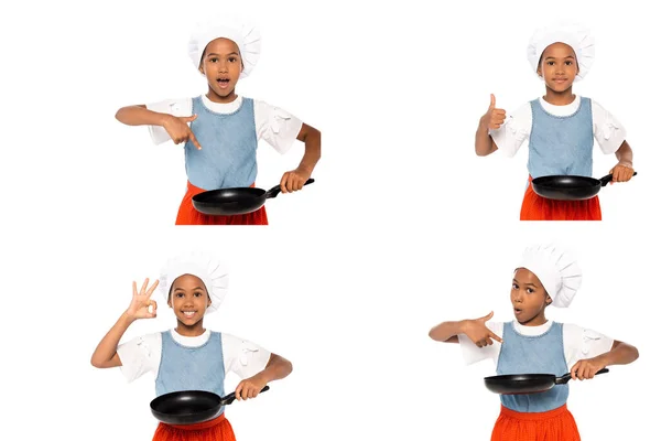 Collage of african american kid in costume of chef pointing with finger, showing thumb up and ok sign isolated on white — Stock Photo