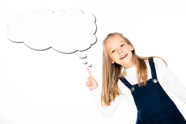 Schoolgirl pointing at empty thought bubble illustration isolated on white — Stock Photo