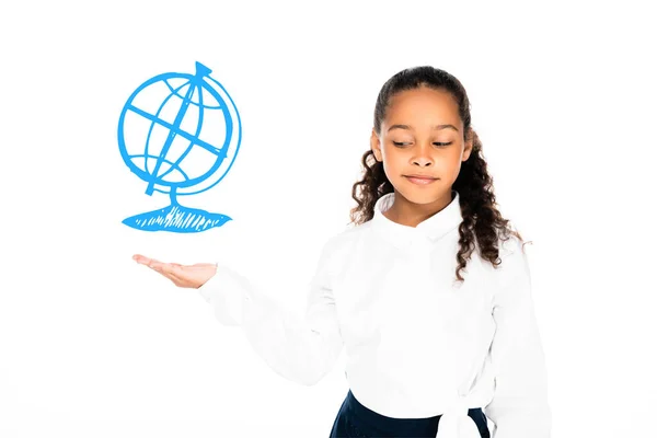 Skeptical african american schoolgirl holding illustrated globe on hand isolated on white — Stock Photo