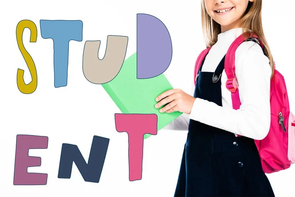 Cropped view of schoolgirl holding book isolated on white, student illustration — Stock Photo