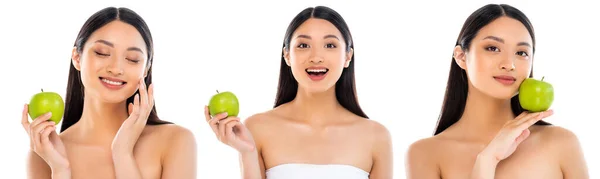 Colagem de mulher asiática posando com maçã verde na mão e perto do rosto isolado no branco — Fotografia de Stock