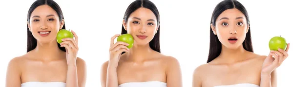 Colagem de mulher asiática posando com maçã verde na mão e perto do rosto isolado no branco — Fotografia de Stock