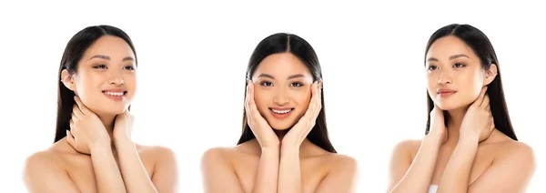 Collage de femme asiatique touchant le cou et le visage isolé sur blanc — Photo de stock