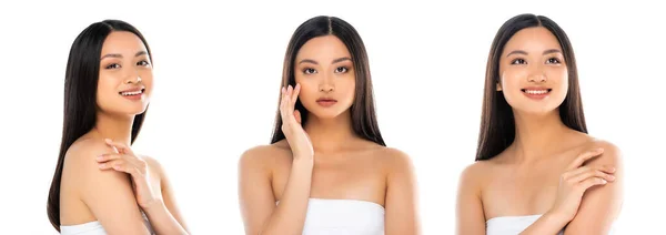 Collage von asiatischen Frau hält Hand auf Schulter und berühren Gesicht isoliert auf weiß — Stockfoto