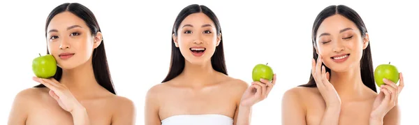 Коллаж азиатской женщины, держащей зеленое яблоко и трогательное лицо изолированы на белом — стоковое фото