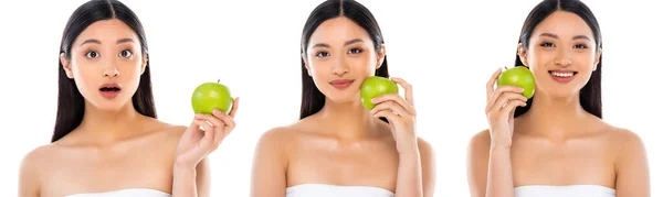 Collage of joyful asian woman holding green apple near face isolated on white — Stock Photo