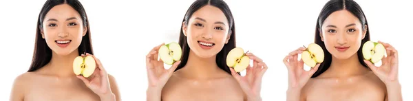 Collage de mujer asiática sosteniendo manzana en rodajas en manos aisladas en blanco - foto de stock