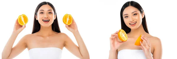 Коллаж радостной азиатской женщины, держащей нарезанный апельсин в руках, изолированных на белом — стоковое фото