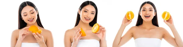 Коллаж радостной азиатской женщины, держащей нарезанный апельсин изолированным на белом — стоковое фото