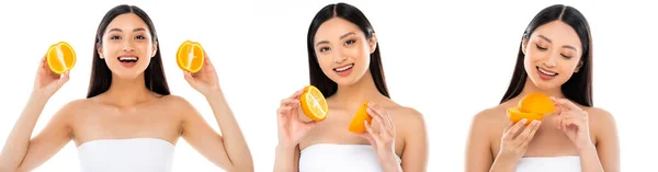 Коллаж молодых взрослых азиатских женщин, держащих нарезанный апельсин изолирован на белом — стоковое фото