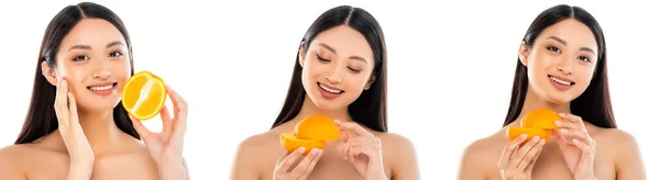 Collage di gioioso asiatico donna holding sliced arancio e toccare faccia isolato su bianco — Foto stock