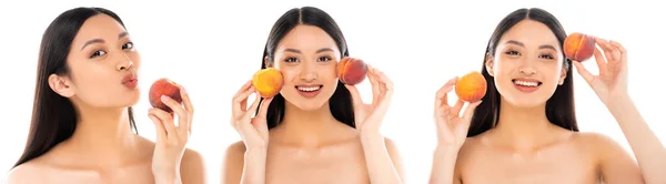Collage de mujer asiática sosteniendo melocotones cerca de la cara aislado en blanco - foto de stock