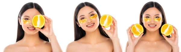 Collage einer asiatischen Frau mit Augenklappen, die aufgeschnittene Orange in Gesichtsnähe hält, isoliert auf Weiß — Stockfoto