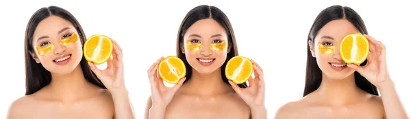 Colagem de mulher asiática com manchas oculares no rosto segurando laranja fatiada em mãos isoladas no branco — Fotografia de Stock