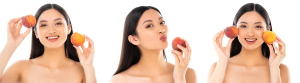 Collage von asiatischen Frau hält Pfirsiche in der Nähe Gesicht isoliert auf weiß — Stockfoto