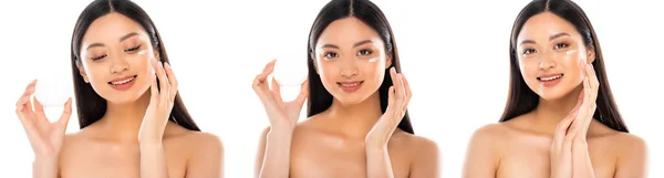 Colagem de jovem adulto mulher asiática com creme cosmético no rosto isolado no branco — Fotografia de Stock