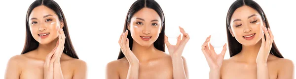 Collage of asian woman applying cosmetic cream on face and touching face isolated on white — Stock Photo