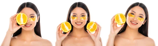 Collage of asian woman with eye patches holding sliced orange isolated on white — Stock Photo