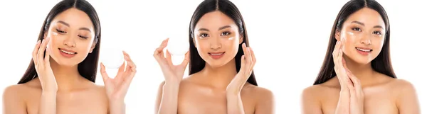 Collage de femme asiatique appliquant de la crème cosmétique sur le visage isolé sur blanc — Photo de stock