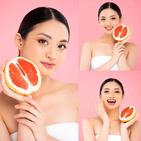 Collage de mujer asiática sosteniendo toronja en rodajas y rostro conmovedor aislado en rosa - foto de stock