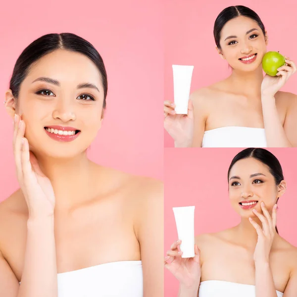 Collage de mujer asiática sosteniendo crema y manzana verde y tocando la cara aislada en rosa - foto de stock