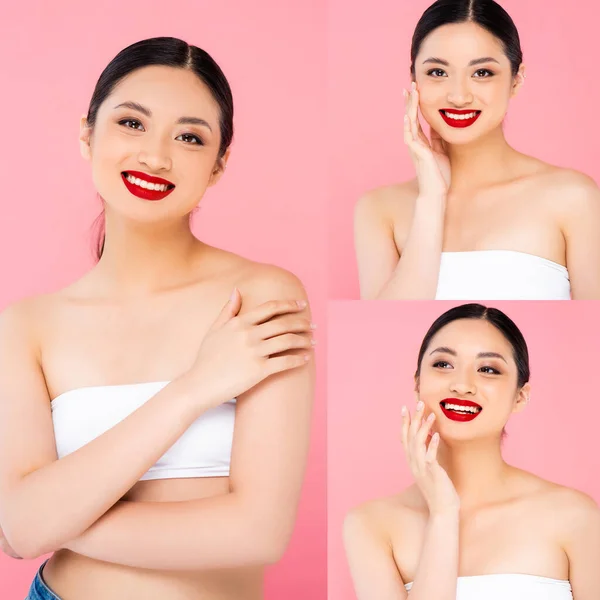 Collage of joyful asian woman with red lips touching face isolated on pink — Stock Photo