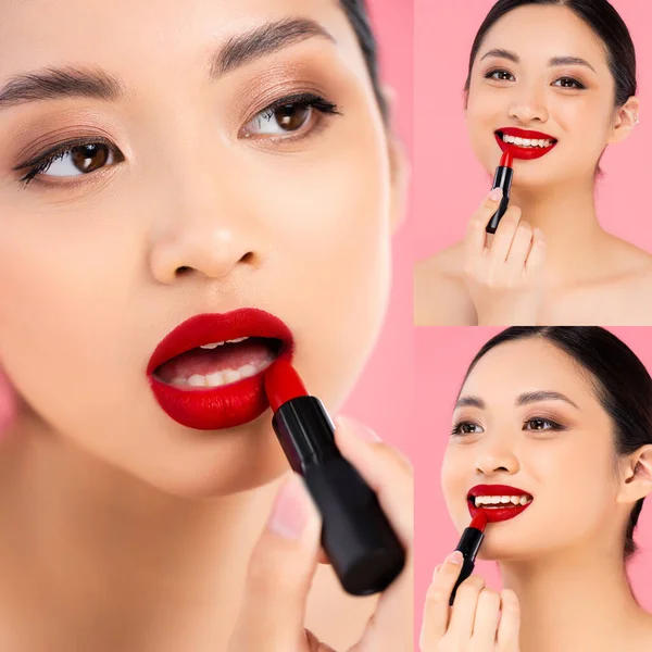 Collage de femme asiatique appliquant du rouge à lèvres rouge sur les lèvres isolées sur rose — Photo de stock
