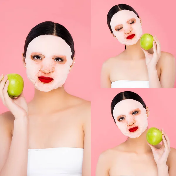 Collage de modèle asiatique avec masque facial et lèvres rouges tenant pomme verte isolée sur rose — Photo de stock