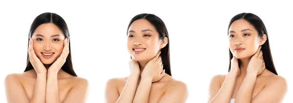 Collage de nu asiatique femme toucher cou et visage isolé sur blanc, panoramique récolte — Photo de stock