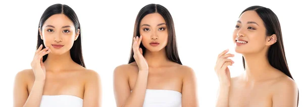 Colagem de jovem asiático mulher tocando rosto e olhando para câmera isolada no branco, conceito panorâmico — Fotografia de Stock