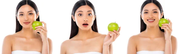 Collage einer emotionalen asiatischen Frau, die einen ganzen Apfel hält, während sie die Kamera isoliert auf weißer, panoramischer Aufnahme betrachtet — Stockfoto