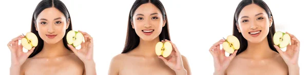 Collage einer nackten asiatischen Frau, die Apfelhälften hält, während sie die Kamera isoliert auf weißem, horizontalem Konzept betrachtet — Stockfoto