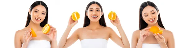 Colagem de excitado asiático mulher segurando metades de suculento laranja isolado no branco, panorâmica cultura — Fotografia de Stock