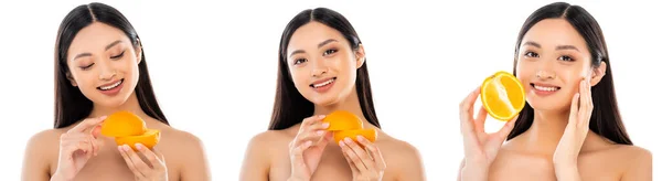 Колаж молодої азіатки, що тримає половинки стиглого апельсина і торкається обличчя ізольовано на білому, заголовок веб-сайту — стокове фото