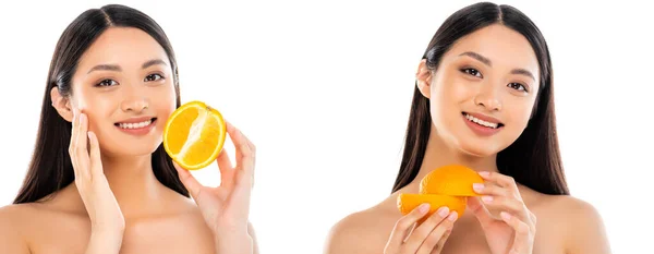 Collage brünetter asiatischer Frau mit Hälften reifer Orangen und berührendem Gesicht isoliert auf weißem, horizontalem Bild — Stockfoto
