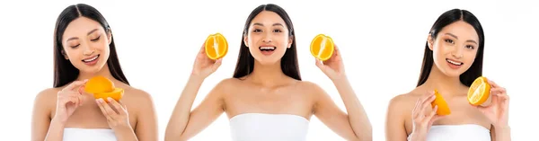 Коллаж эмоциональной азиатской женщины, смотрящей в камеру, держа половинки сочного апельсина, изолированного на белом, панорамном снимке — стоковое фото