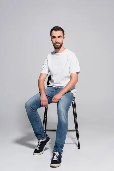 Бородатий, молодий чоловік в джинсах і білій футболці дивиться на камеру, сидячи на стільці на сірому — стокове фото