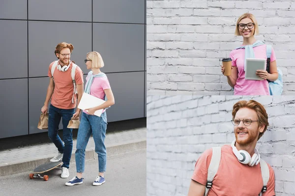 Collage von Studenten, die mit Papiertüten spazieren gehen, junge Frau mit digitalem Tablet und Einwegbecher und Mann mit Brille, der wegschaut — Stockfoto