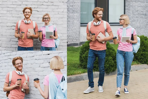 Collage of students in glasses holding paper cups, books and digital tablet outside — Stock Photo