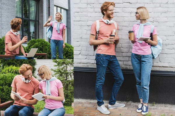 Collage de blonde étudiant agitant la main près de rousse ami avec ordinateur portable, tenant des tasses en papier et tablettes numériques — Photo de stock