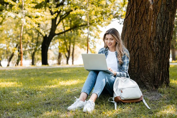 Женщина с ноутбуком, сидя под стволом дерева на траве — стоковое фото