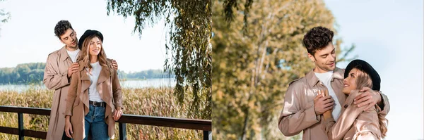 Collage of man touching shoulders of woman in hat and trench coat in autumnal park — Stock Photo