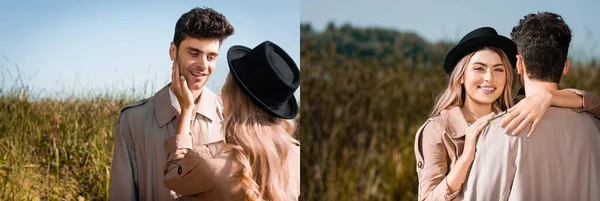 Collage of blonde woman in hat touching face of man in trench coat and hugging outside — Stock Photo