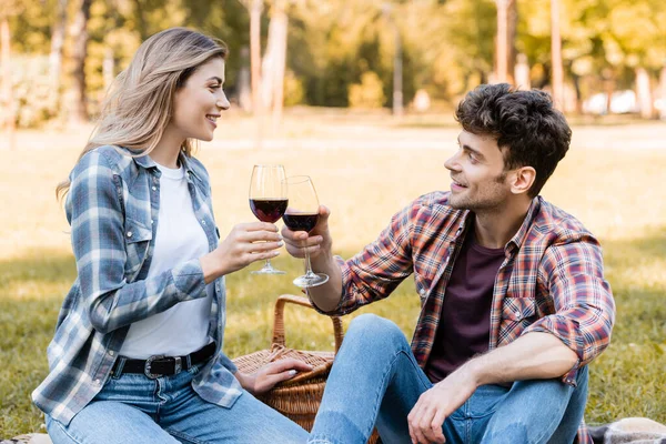 Man and woman clinking glasses of red wine while sitting in park — Stock Photo