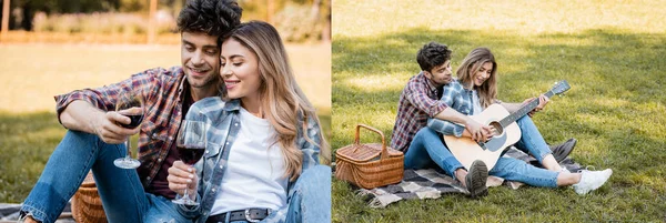 Collage di coppia che tiene bicchieri di vino rosso, donna che suona la chitarra acustica vicino al fidanzato nel parco — Foto stock