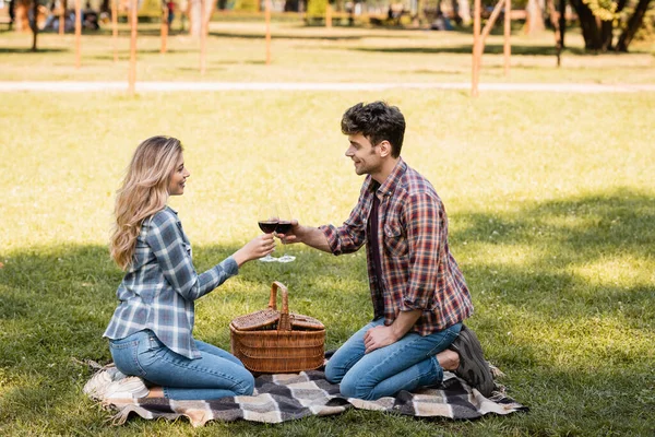 Vista lateral del hombre y la mujer sentados en manta a cuadros y vasos de vino tinto - foto de stock