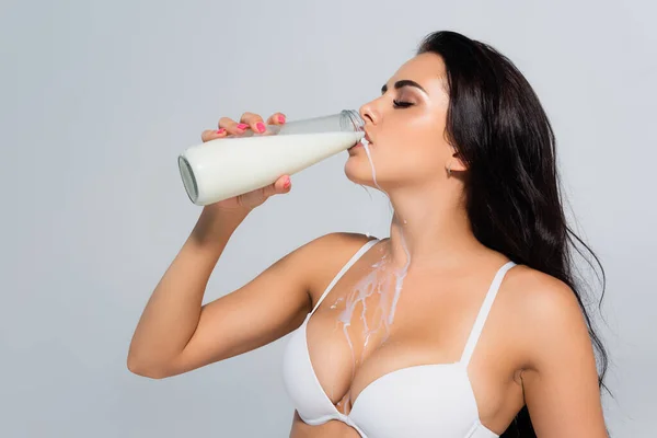 Sexy woman in bra holding bottle and drinking milk isolated on grey — Stock Photo